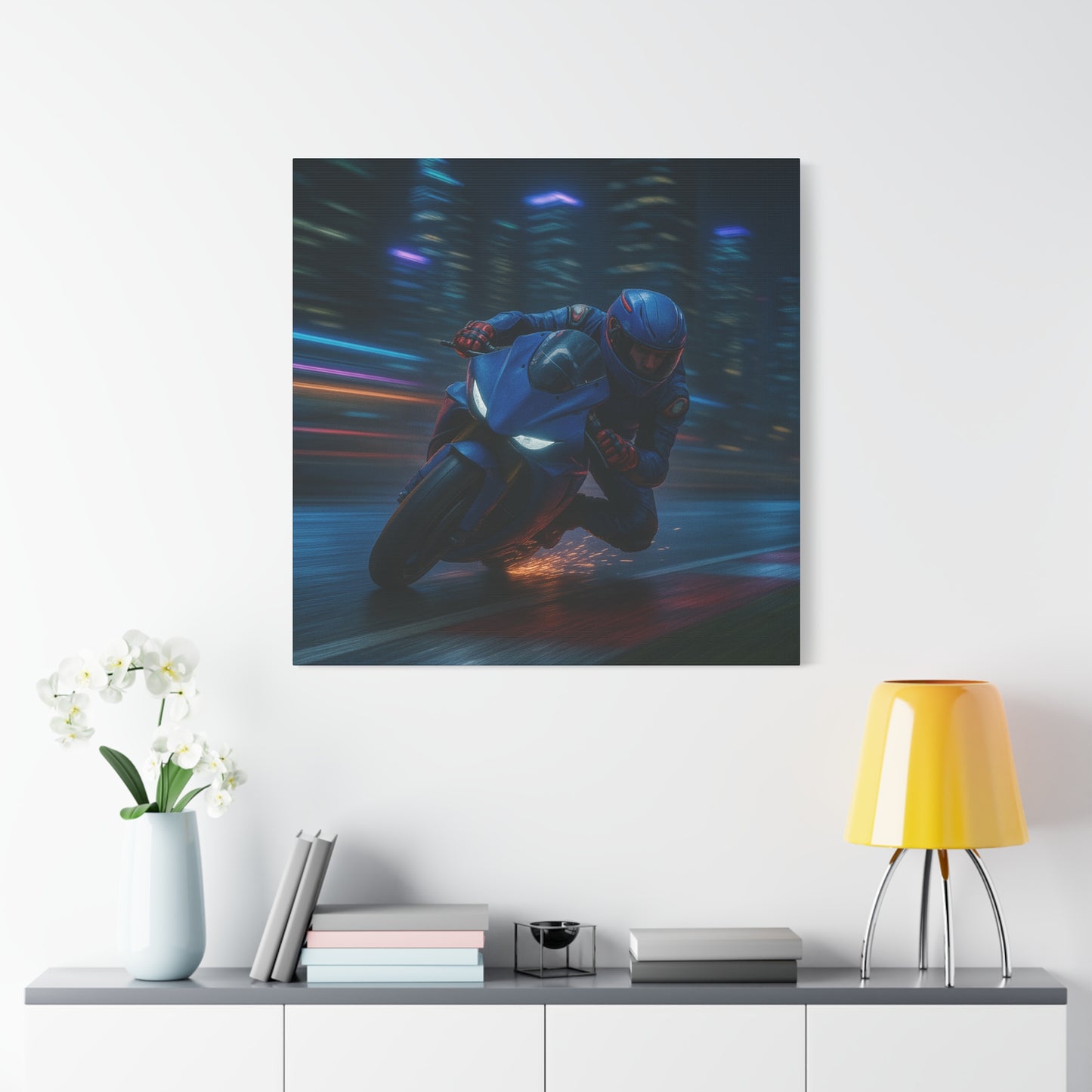 π City Sparks β Futuristic Motorcycle Canvas Print | Neon Speed & Urban Energy Wall Art