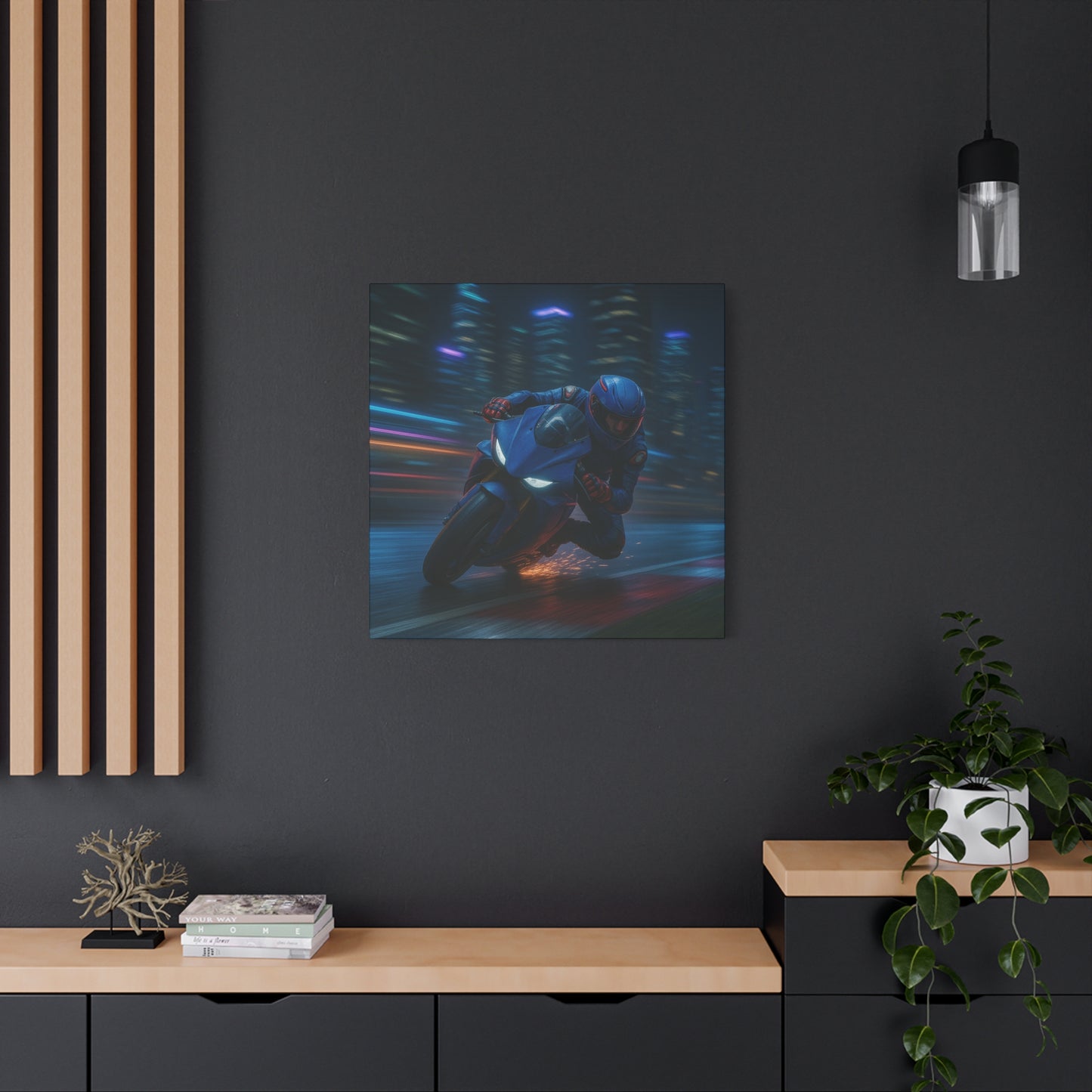 π City Sparks β Futuristic Motorcycle Canvas Print | Neon Speed & Urban Energy Wall Art