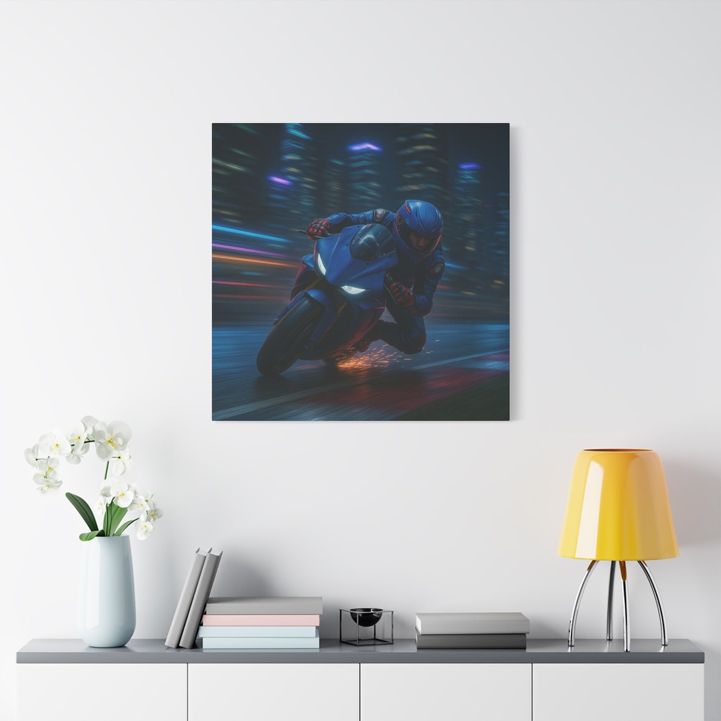 π City Sparks β Futuristic Motorcycle Canvas Print | Neon Speed & Urban Energy Wall Art