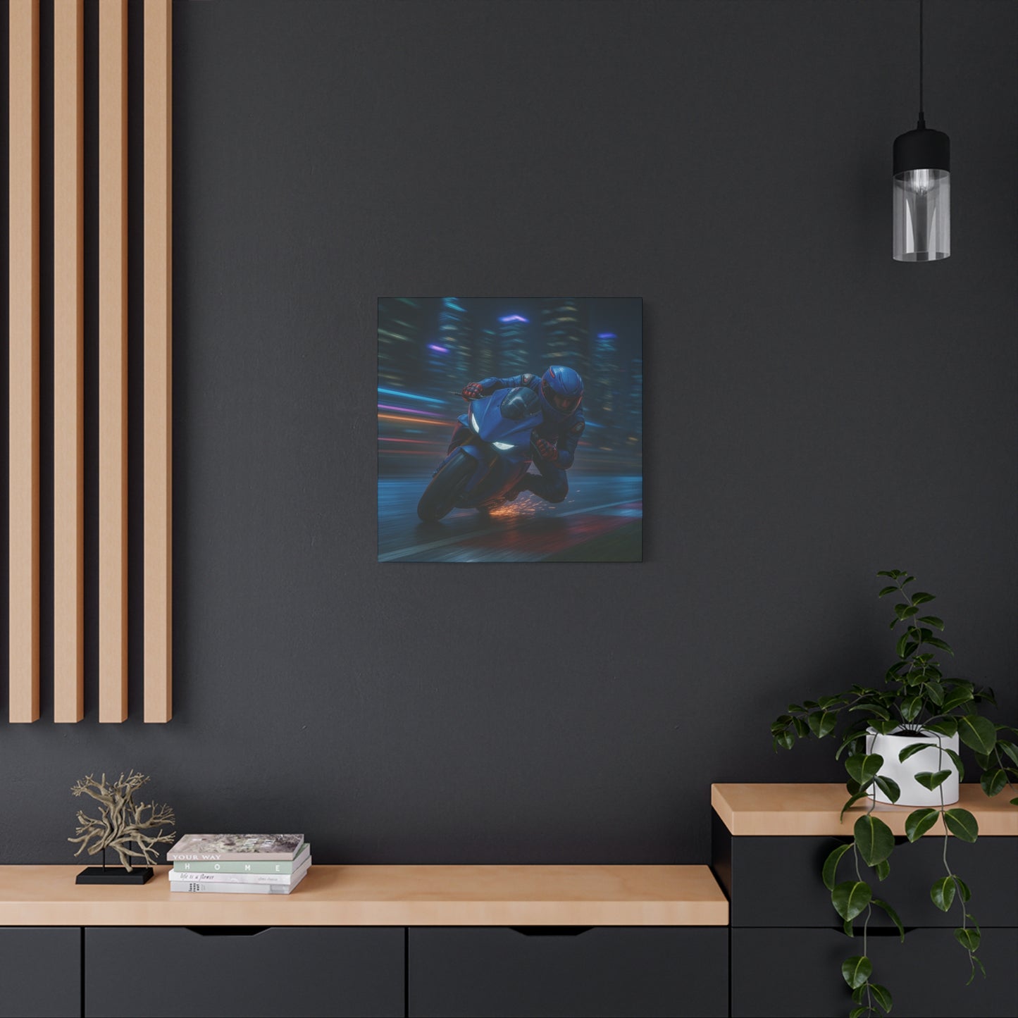 π City Sparks β Futuristic Motorcycle Canvas Print | Neon Speed & Urban Energy Wall Art