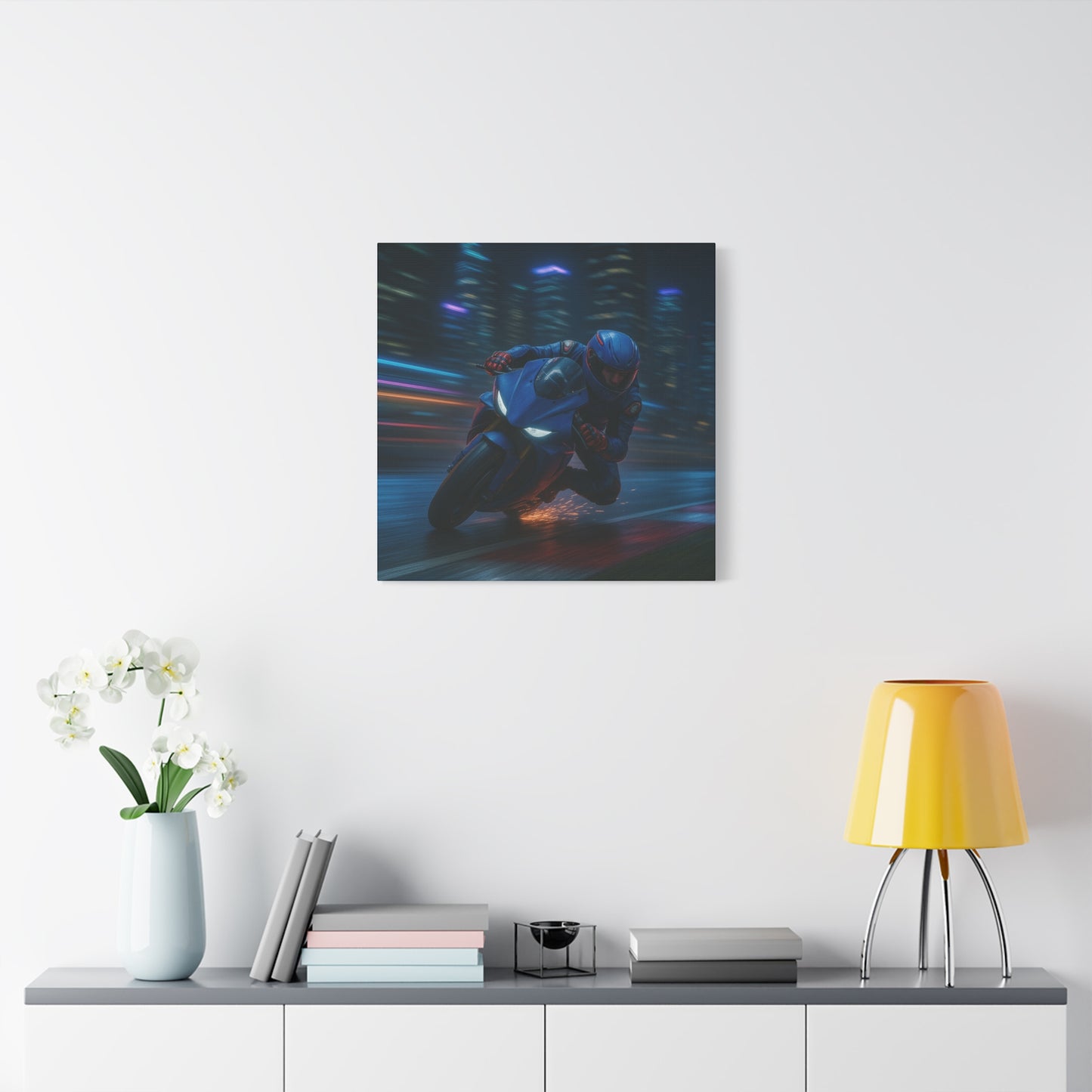 π City Sparks β Futuristic Motorcycle Canvas Print | Neon Speed & Urban Energy Wall Art