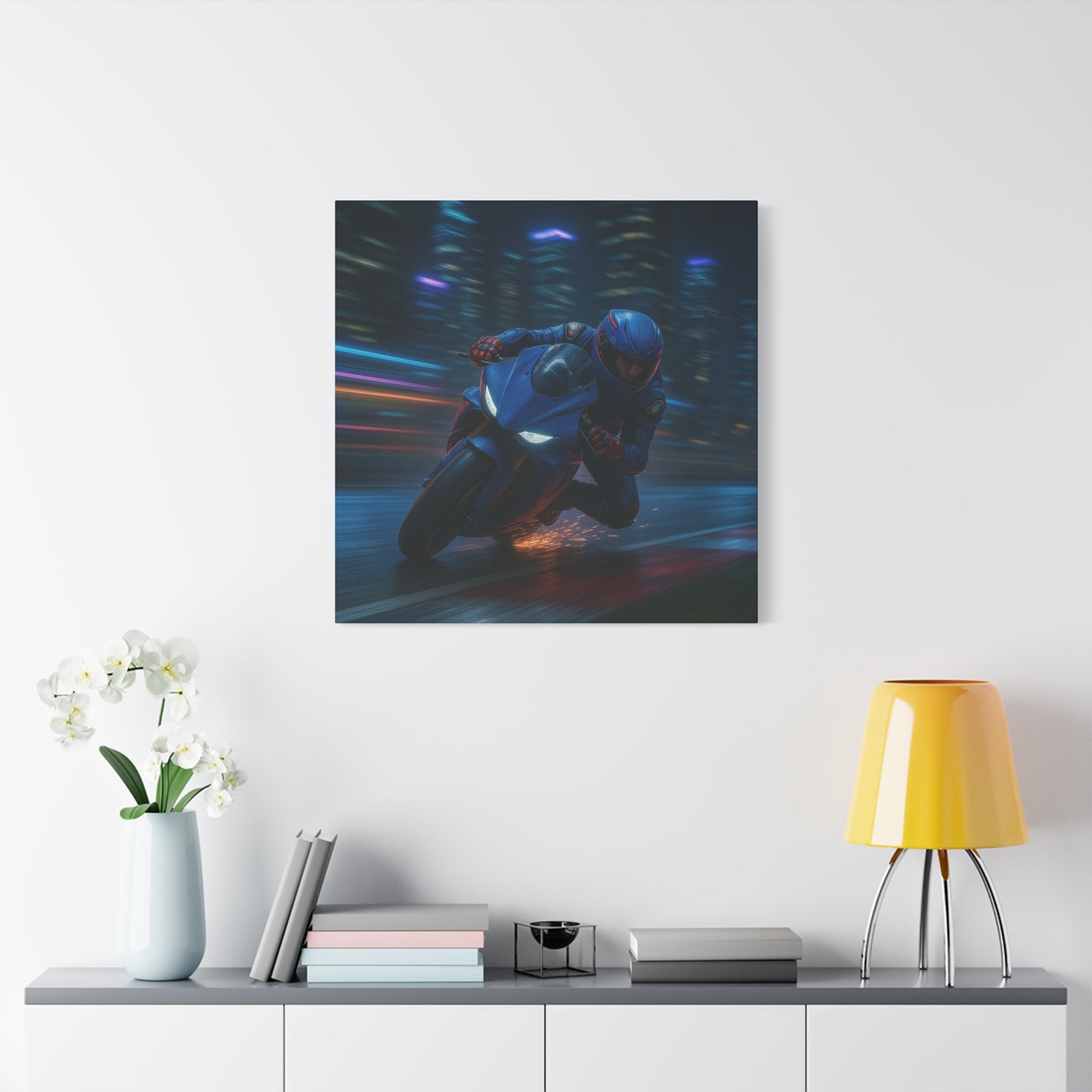 π City Sparks β Futuristic Motorcycle Canvas Print | Neon Speed & Urban Energy Wall Art