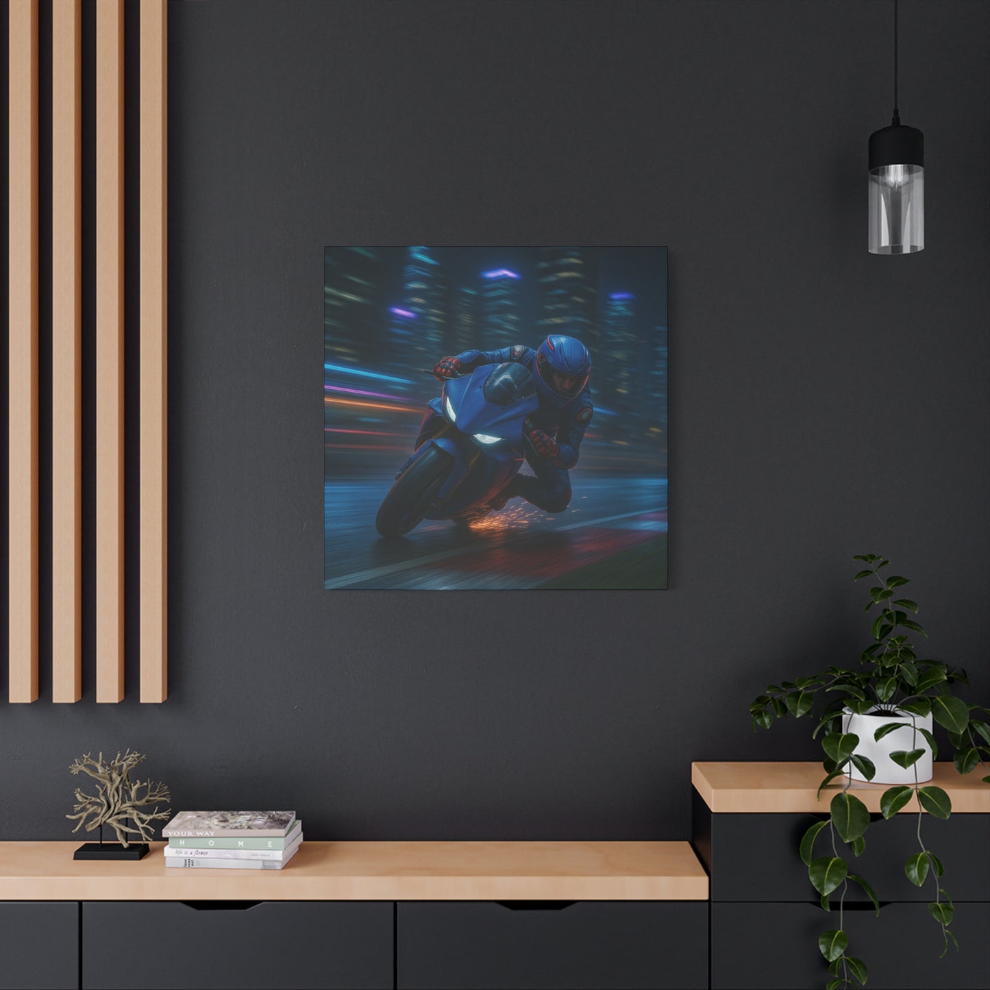 π City Sparks β Futuristic Motorcycle Canvas Print | Neon Speed & Urban Energy Wall Art