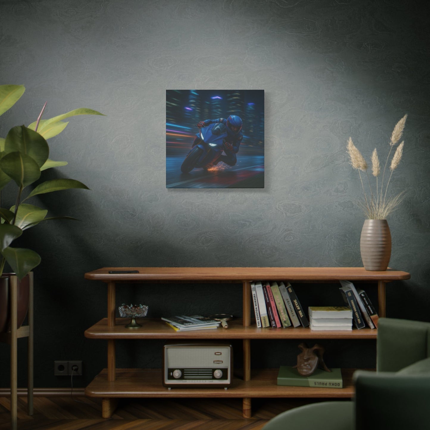 π City Sparks β Futuristic Motorcycle Canvas Print | Neon Speed & Urban Energy Wall Art - BTS Canvas