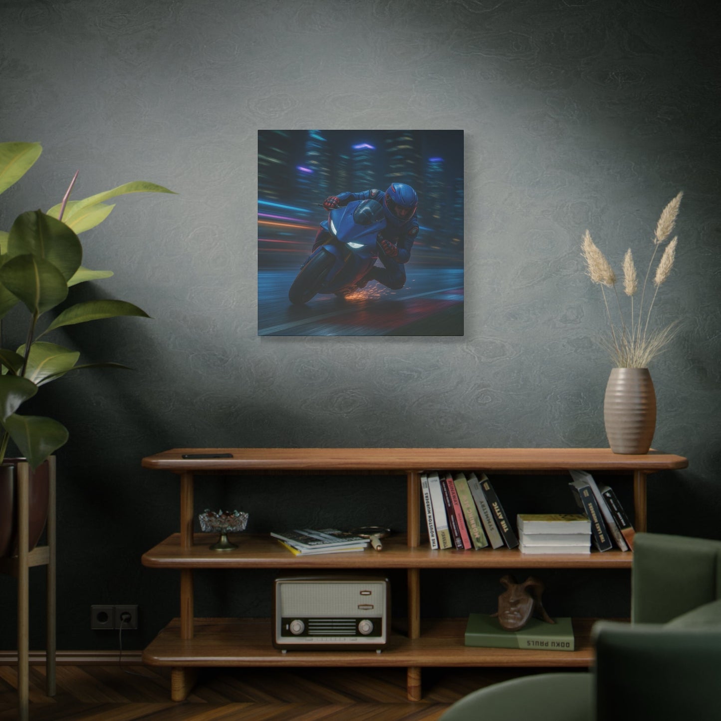 π City Sparks β Futuristic Motorcycle Canvas Print | Neon Speed & Urban Energy Wall Art - BTS Canvas