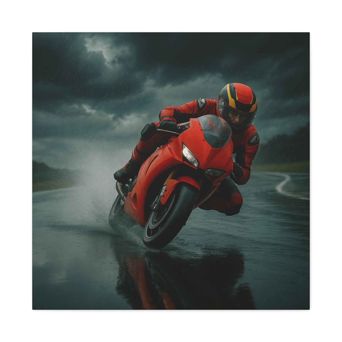 ⚡ Storm Lean – Extreme Weather Superbike Canvas Print | Dark Skies, Red Fury Wall Art - BTS Canvas