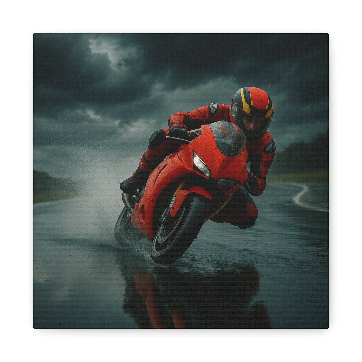 ⚡ Storm Lean – Extreme Weather Superbike Canvas Print | Dark Skies, Red Fury Wall Art - BTS Canvas