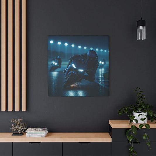 💨 Night Apex – Midnight Motorcycle Canvas Print | Wet Track, Blue Fury & Laser Focus - BTS Canvas
