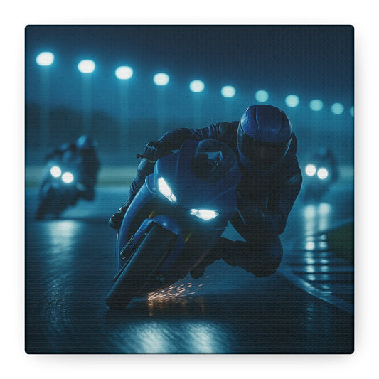 💨 Night Apex – Midnight Motorcycle Canvas Print | Wet Track, Blue Fury & Laser Focus - BTS Canvas
