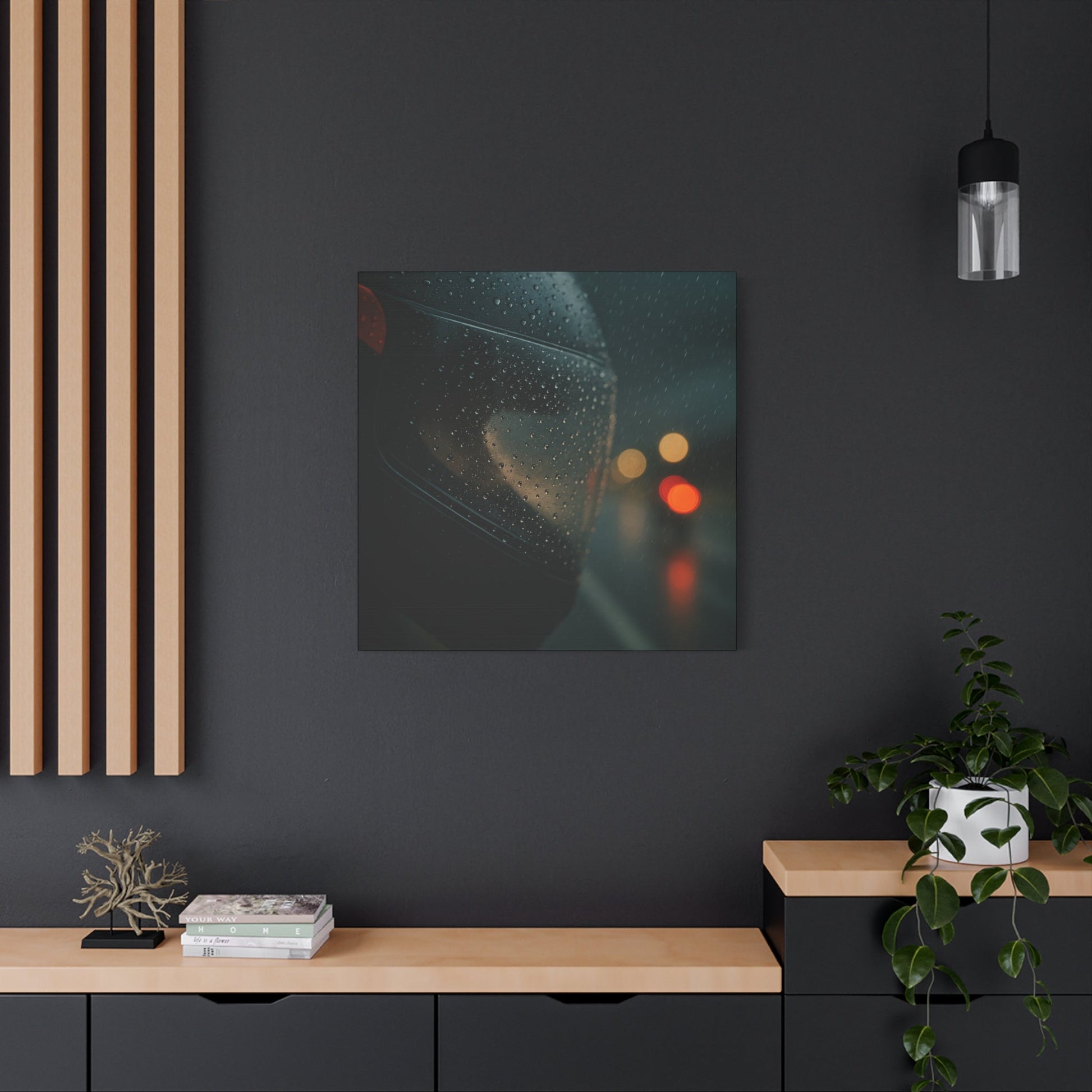 🖤 Rider’s Reflection – Rainy Visor Motorcycle Canvas Print | Grit, Mystery & Focus Wall Art - BTS Canvas