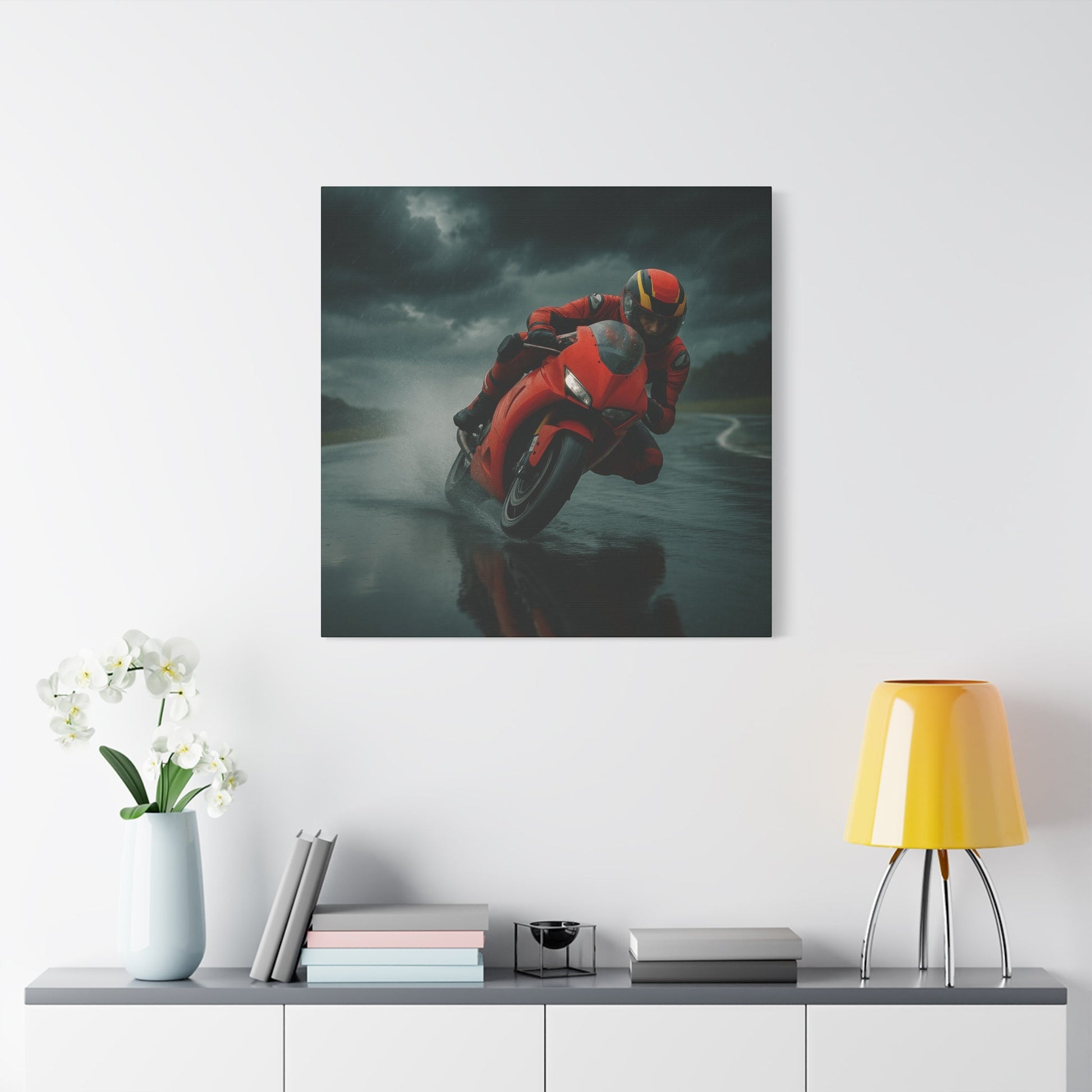 ⚡ Storm Lean – Extreme Weather Superbike Canvas Print | Dark Skies, Red Fury Wall Art - BTS Canvas
