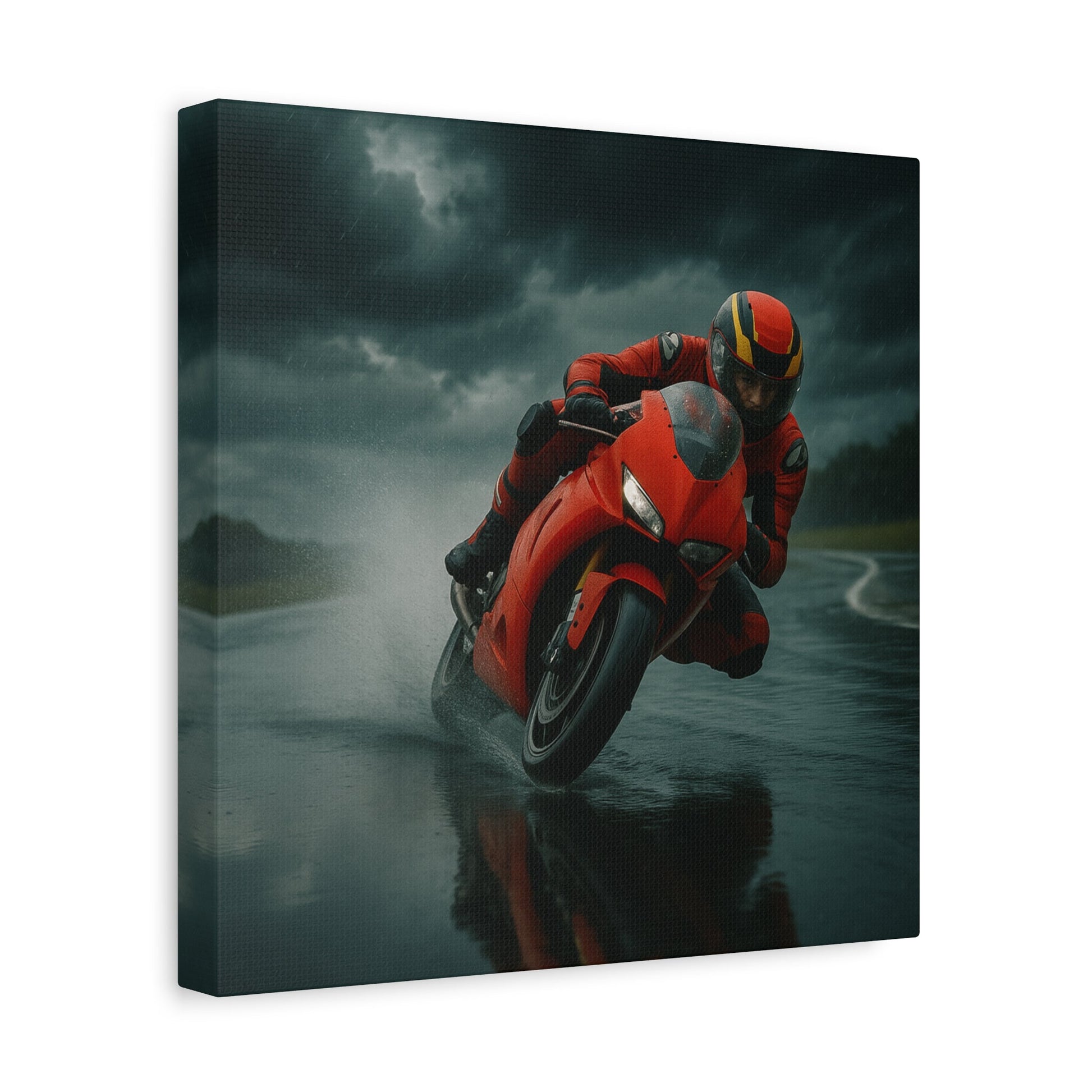 ⚡ Storm Lean – Extreme Weather Superbike Canvas Print | Dark Skies, Red Fury Wall Art - BTS Canvas