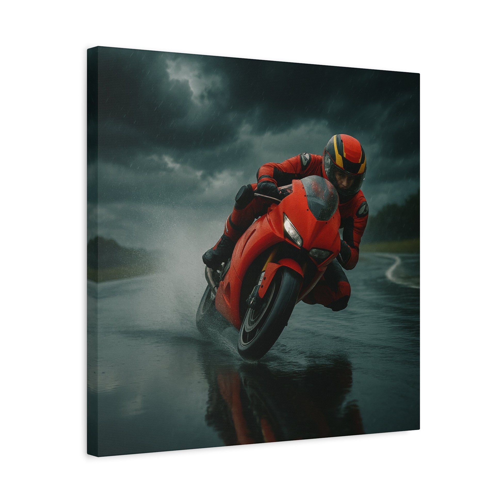 ⚡ Storm Lean – Extreme Weather Superbike Canvas Print | Dark Skies, Red Fury Wall Art - BTS Canvas