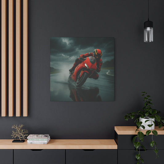⚡ Storm Lean – Extreme Weather Superbike Canvas Print | Dark Skies, Red Fury Wall Art - BTS Canvas