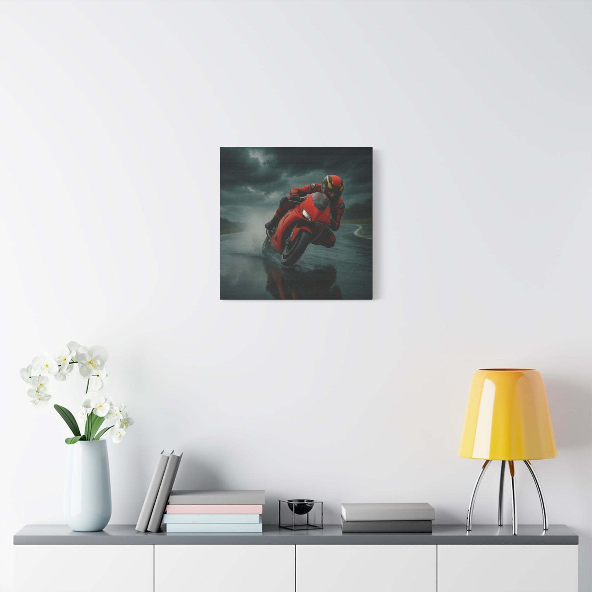 ⚡ Storm Lean – Extreme Weather Superbike Canvas Print | Dark Skies, Red Fury Wall Art - BTS Canvas