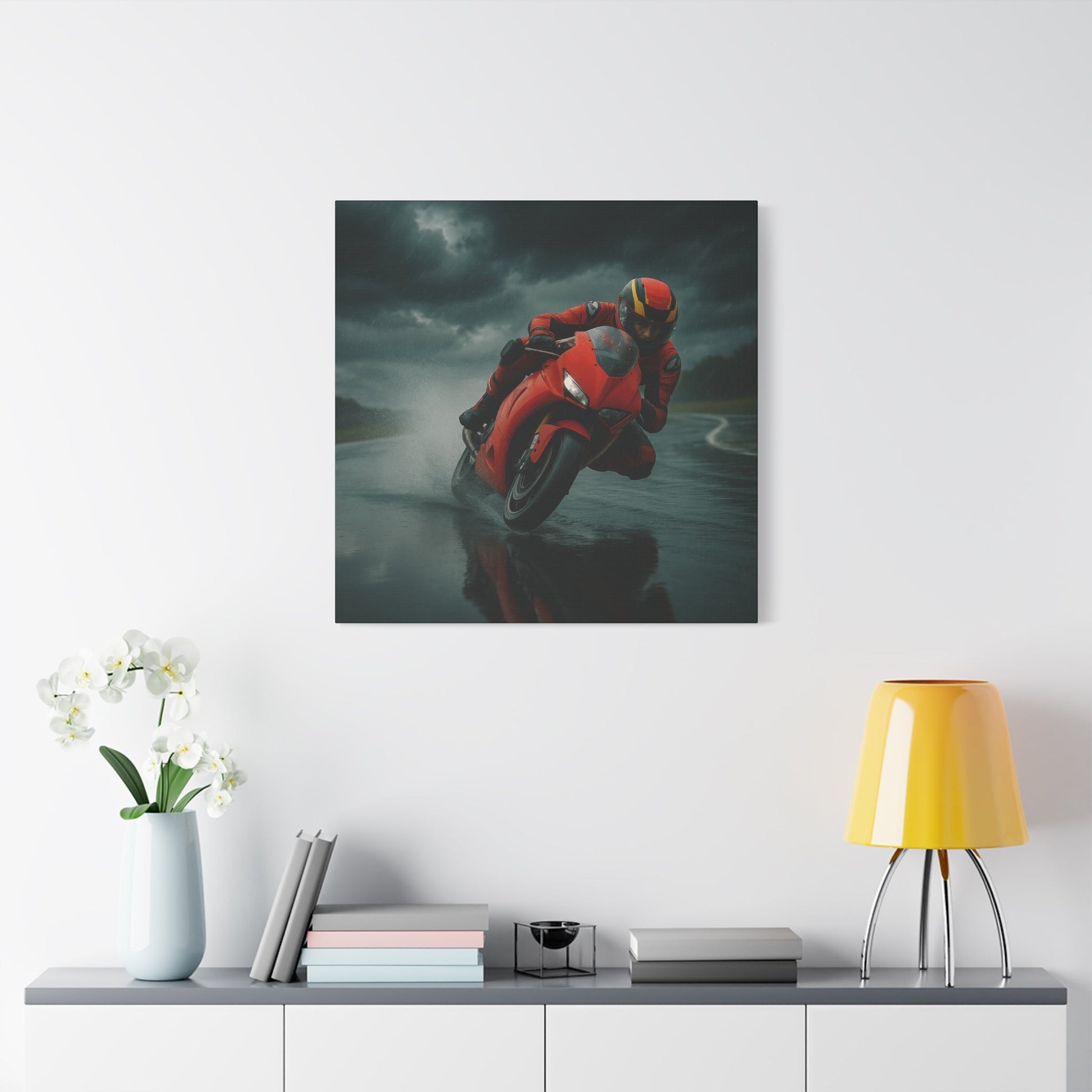 ⚡ Storm Lean – Extreme Weather Superbike Canvas Print | Dark Skies, Red Fury Wall Art - BTS Canvas