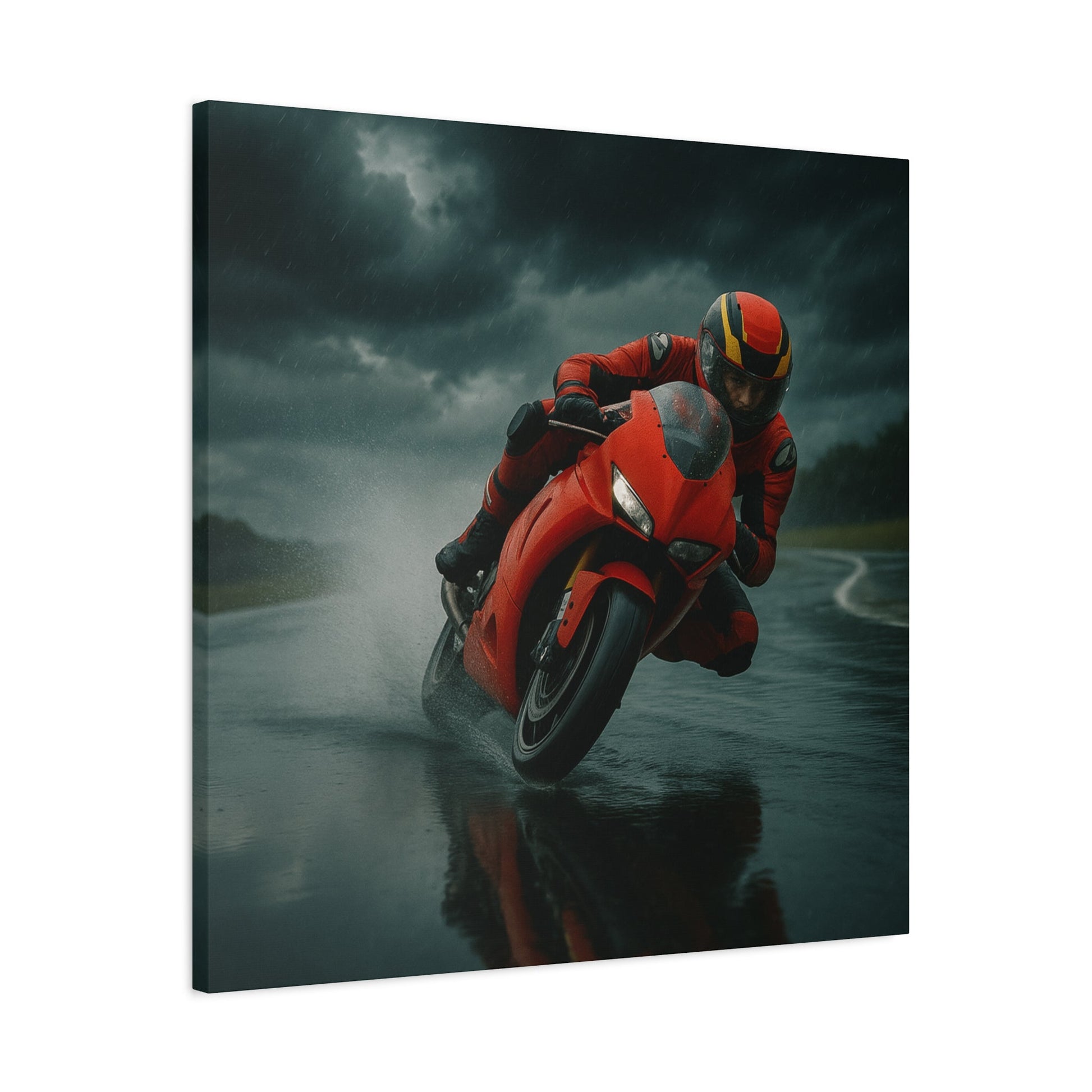 ⚡ Storm Lean – Extreme Weather Superbike Canvas Print | Dark Skies, Red Fury Wall Art - BTS Canvas