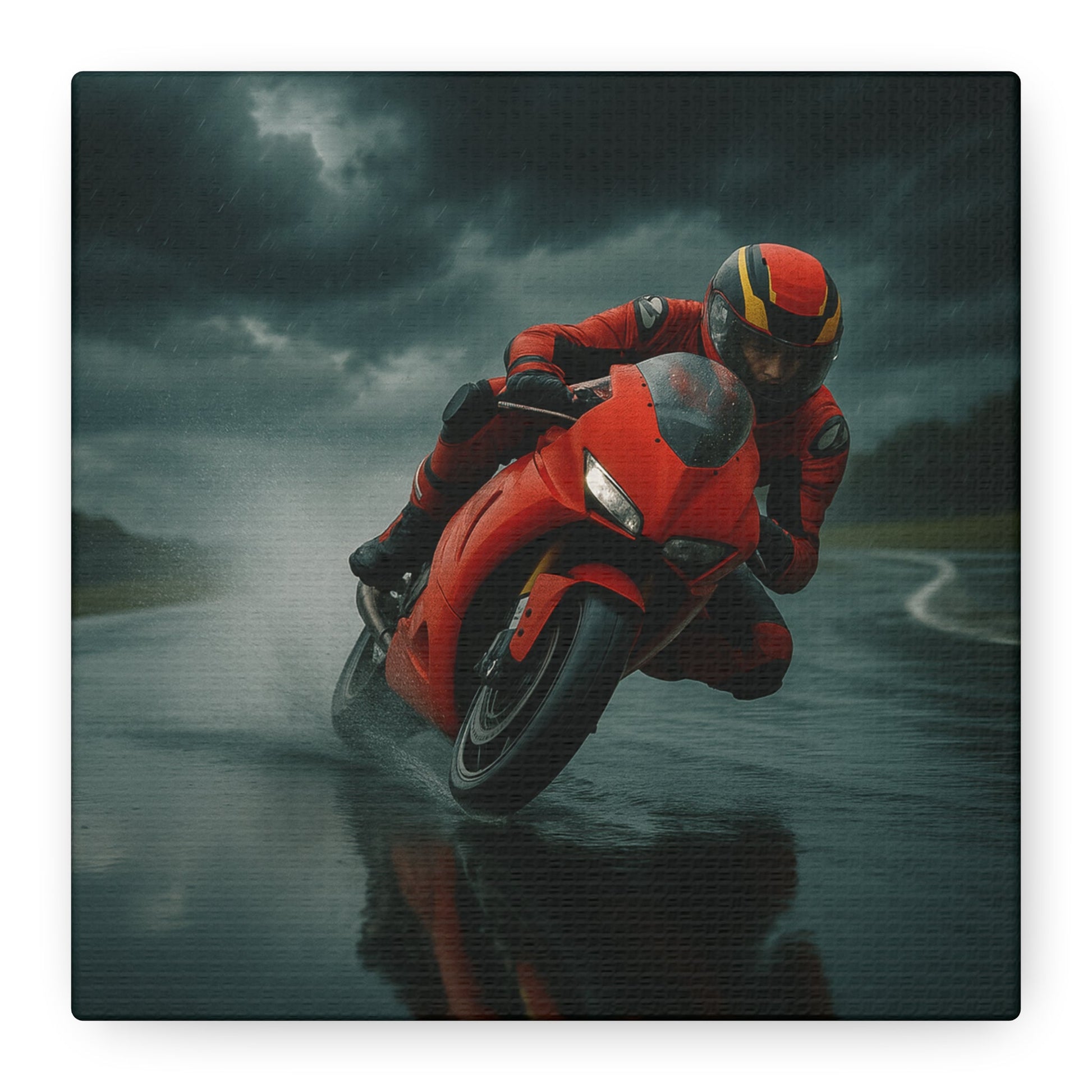 ⚡ Storm Lean – Extreme Weather Superbike Canvas Print | Dark Skies, Red Fury Wall Art - BTS Canvas