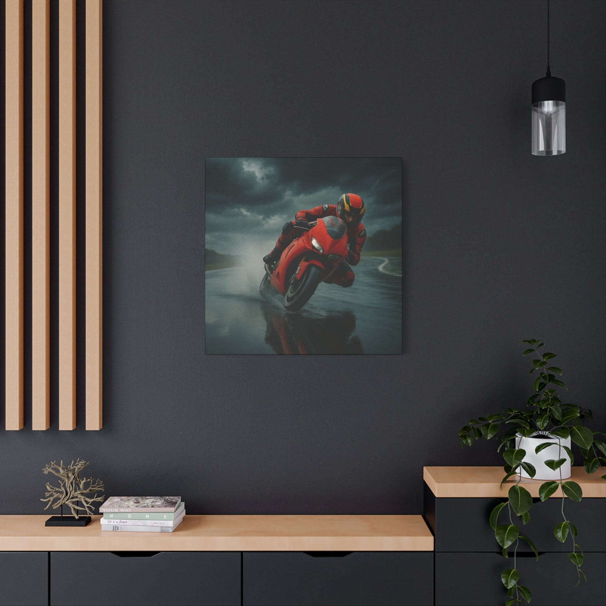⚡ Storm Lean – Extreme Weather Superbike Canvas Print | Dark Skies, Red Fury Wall Art - BTS Canvas