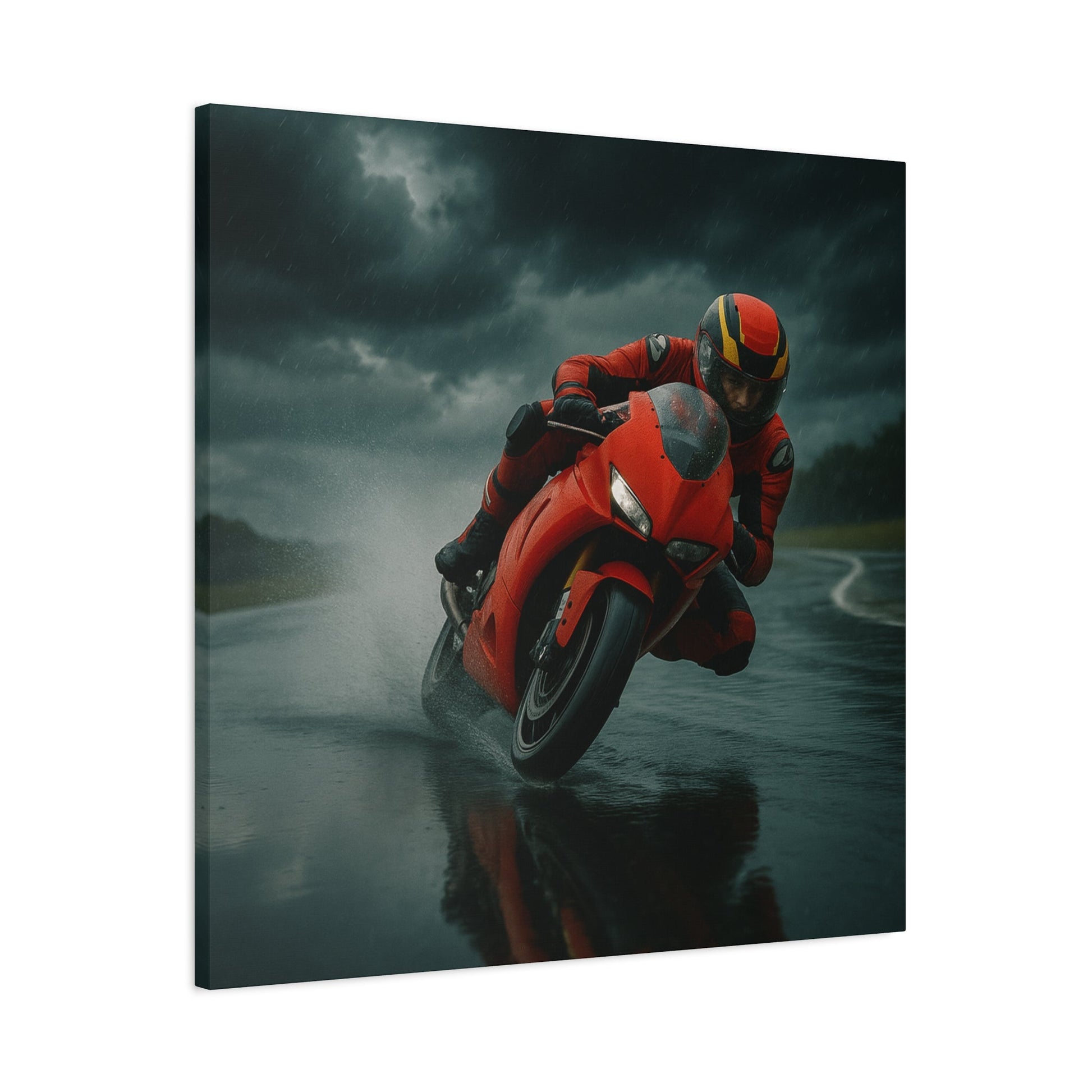 ⚡ Storm Lean – Extreme Weather Superbike Canvas Print | Dark Skies, Red Fury Wall Art - BTS Canvas