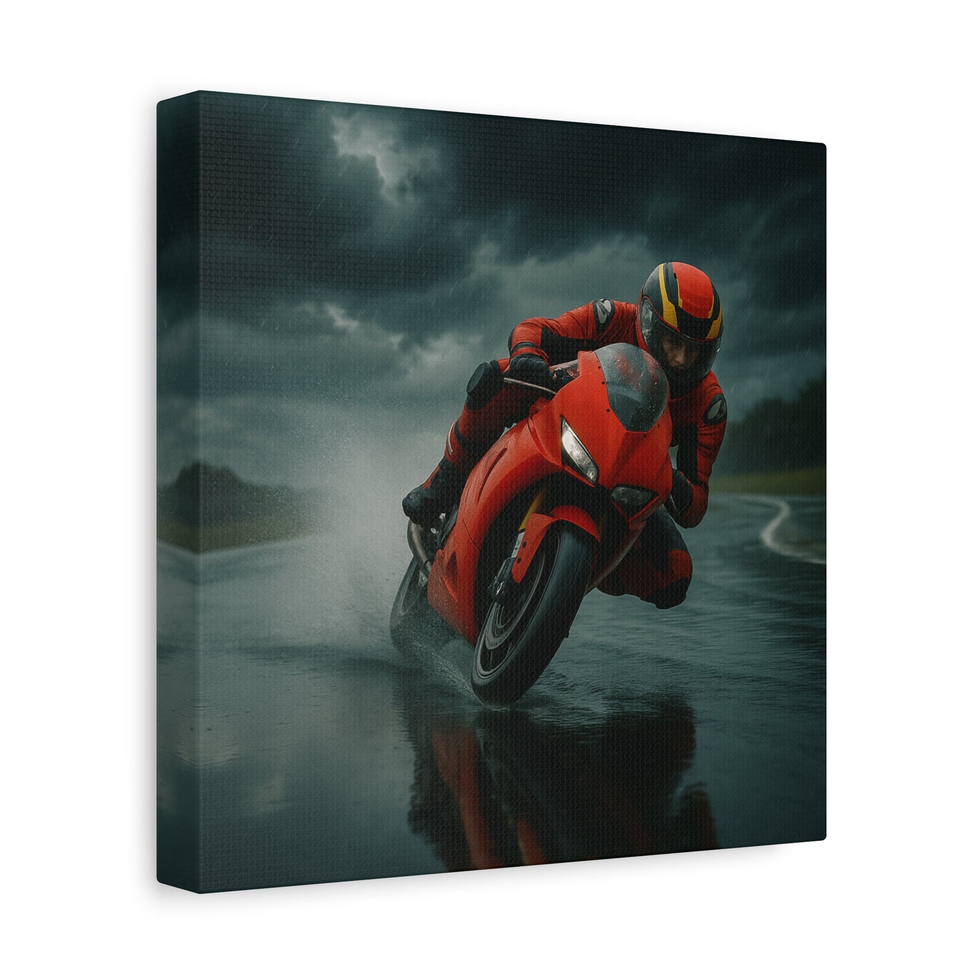 ⚡ Storm Lean – Extreme Weather Superbike Canvas Print | Dark Skies, Red Fury Wall Art - BTS Canvas