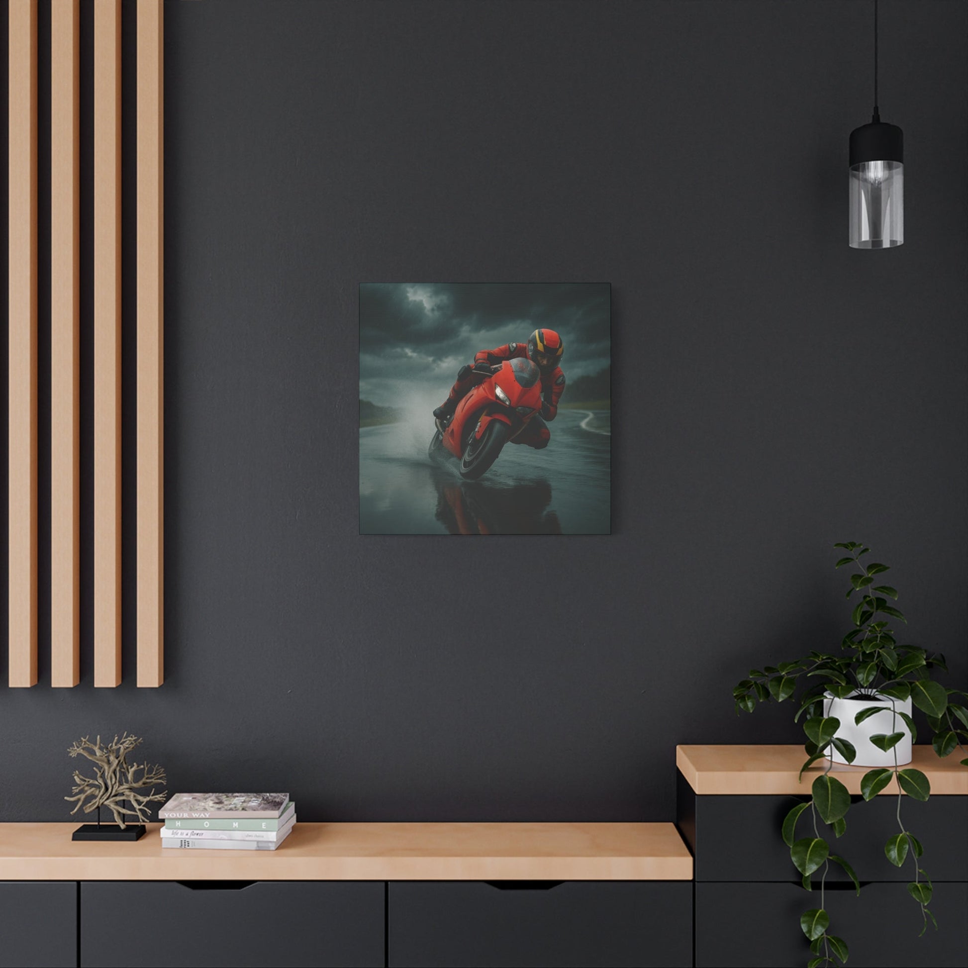 ⚡ Storm Lean – Extreme Weather Superbike Canvas Print | Dark Skies, Red Fury Wall Art - BTS Canvas