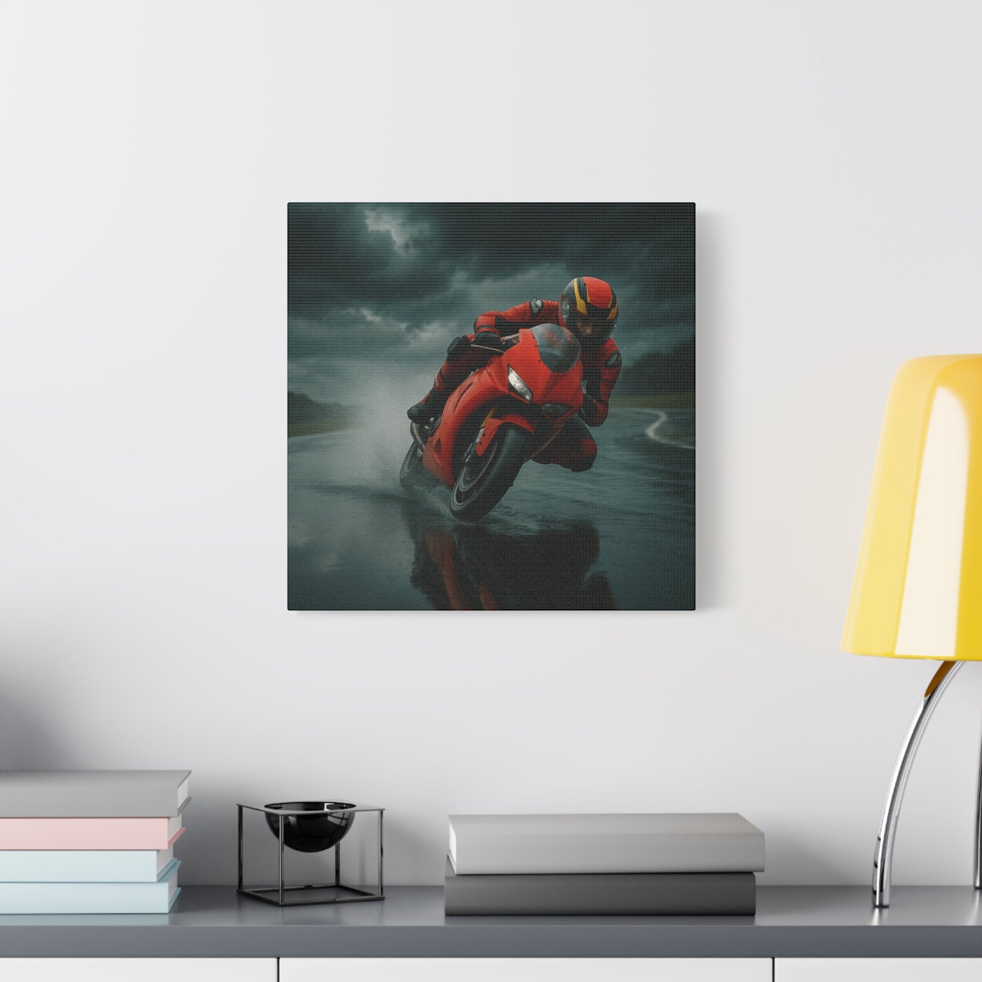 ⚡ Storm Lean – Extreme Weather Superbike Canvas Print | Dark Skies, Red Fury Wall Art - BTS Canvas